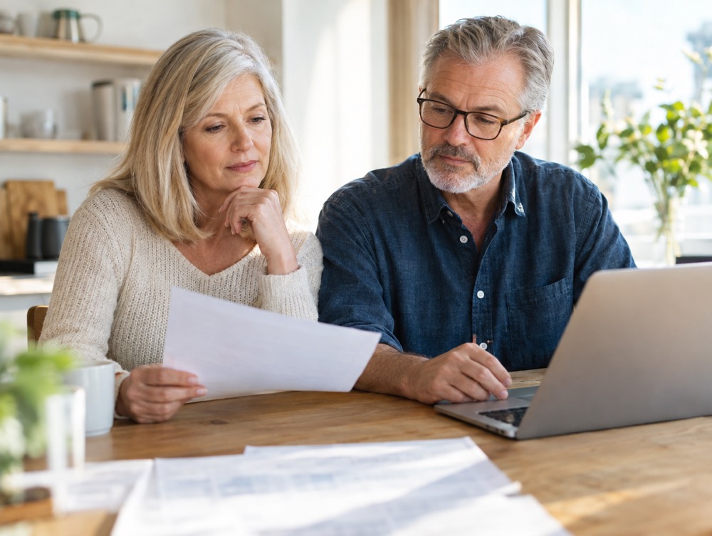 Couple reviewing retirement documents at home
