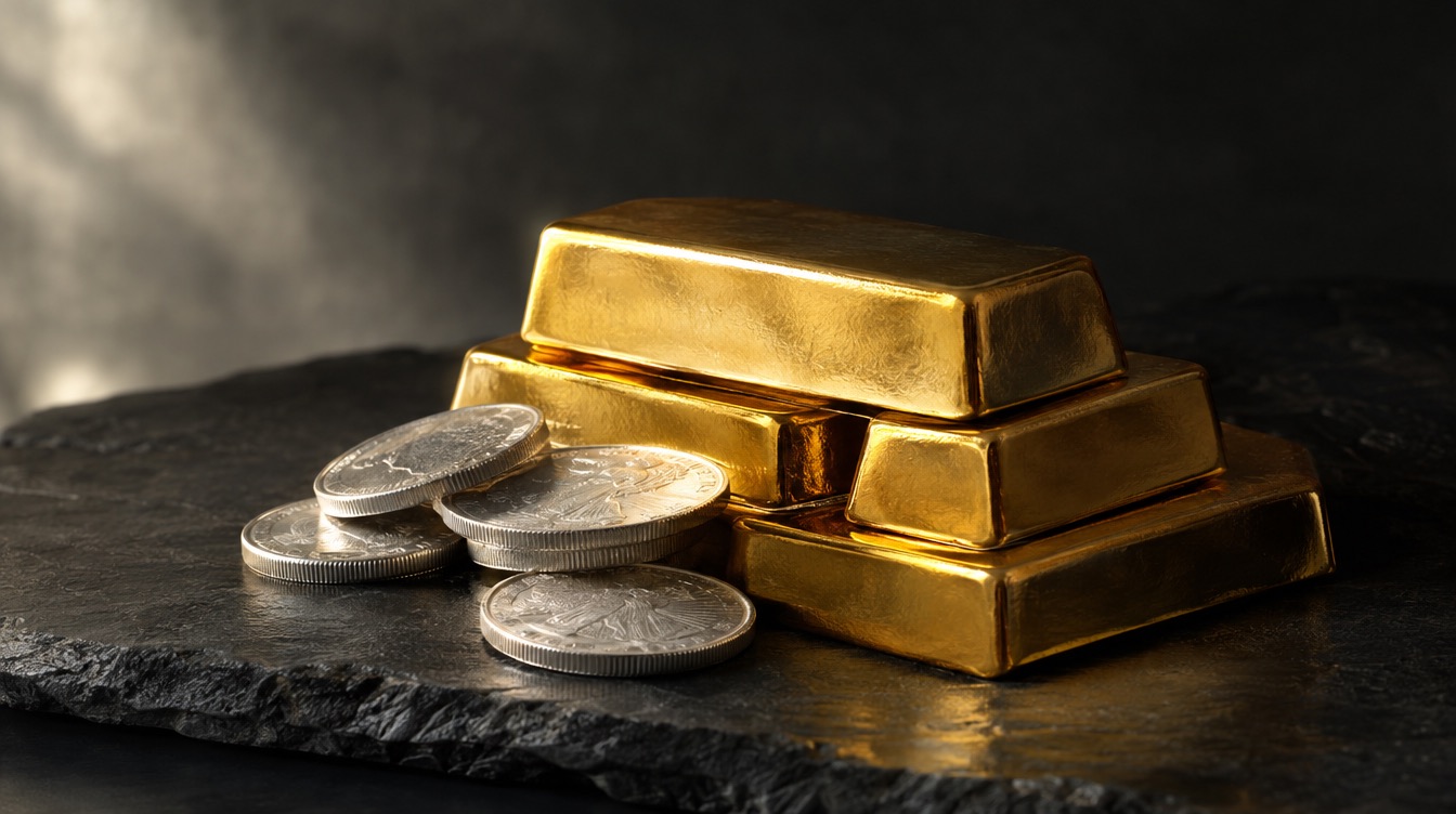 Gold bars and silver coins on a slate surface