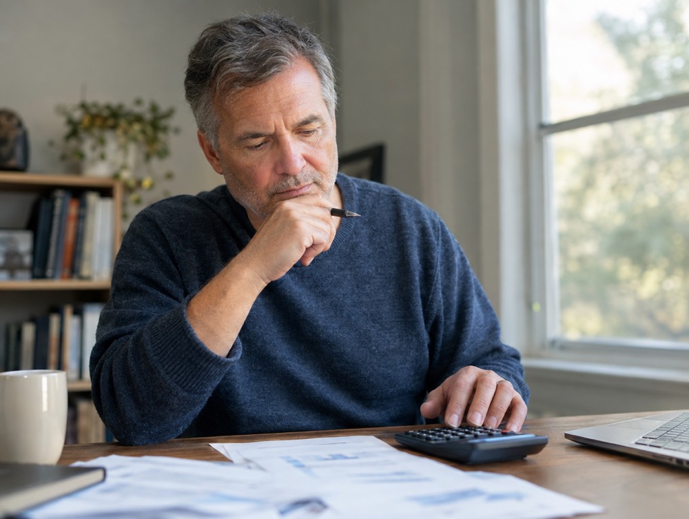 Man reviewing retirement paperwork with a calculator at his desk